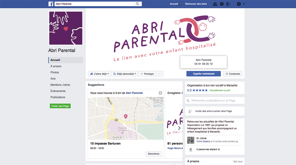La page Facebook de l'Abri parental. Les nouvelles couleurs de l'Abri parental s'affichent sur la page Facebook de l'association